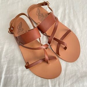 Ancient Greek Brown Leather Toe Ring Sandals Size 40